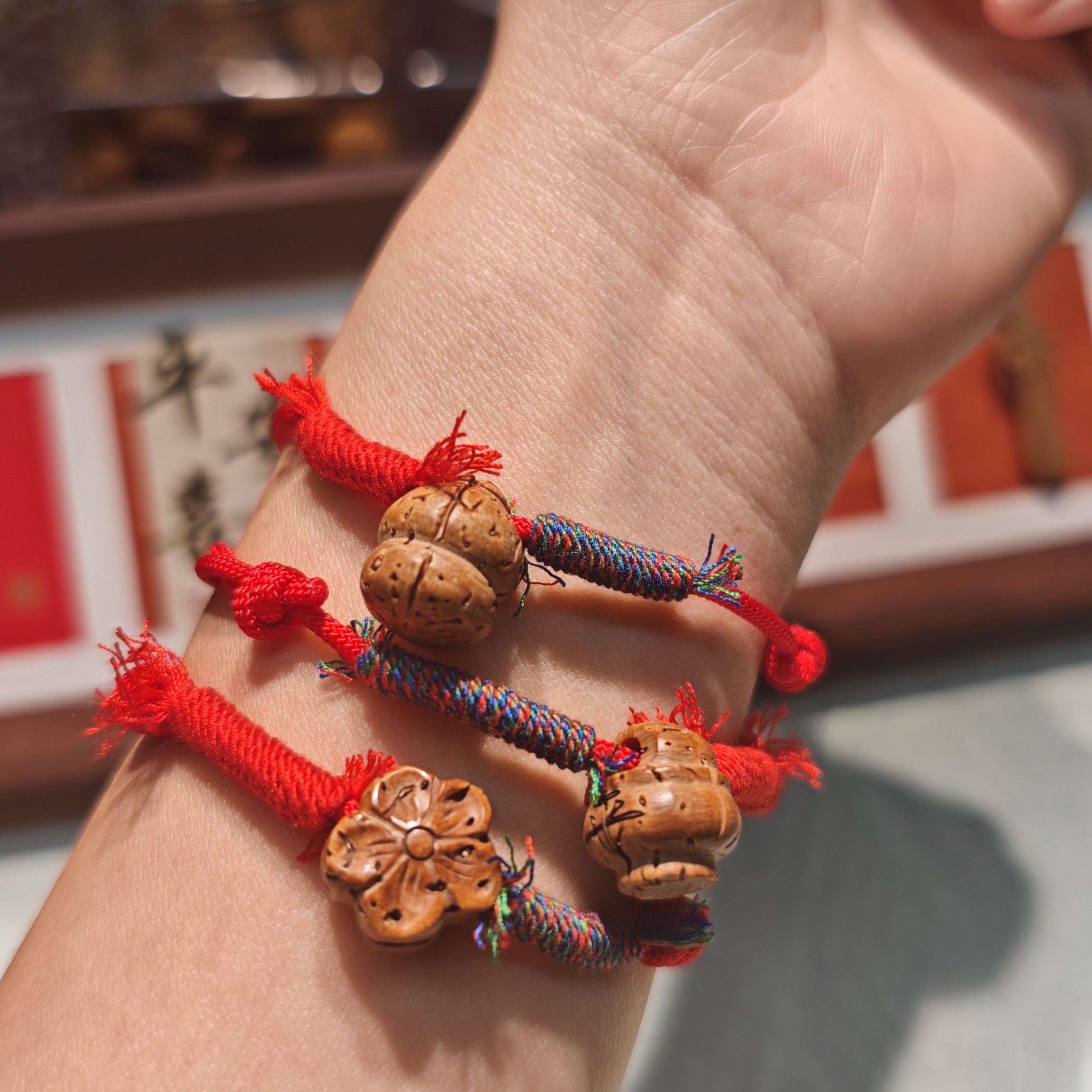 非金属木质手链 泰山桃核手链纯手工红绳桃篮儿童平安手绳红手绳