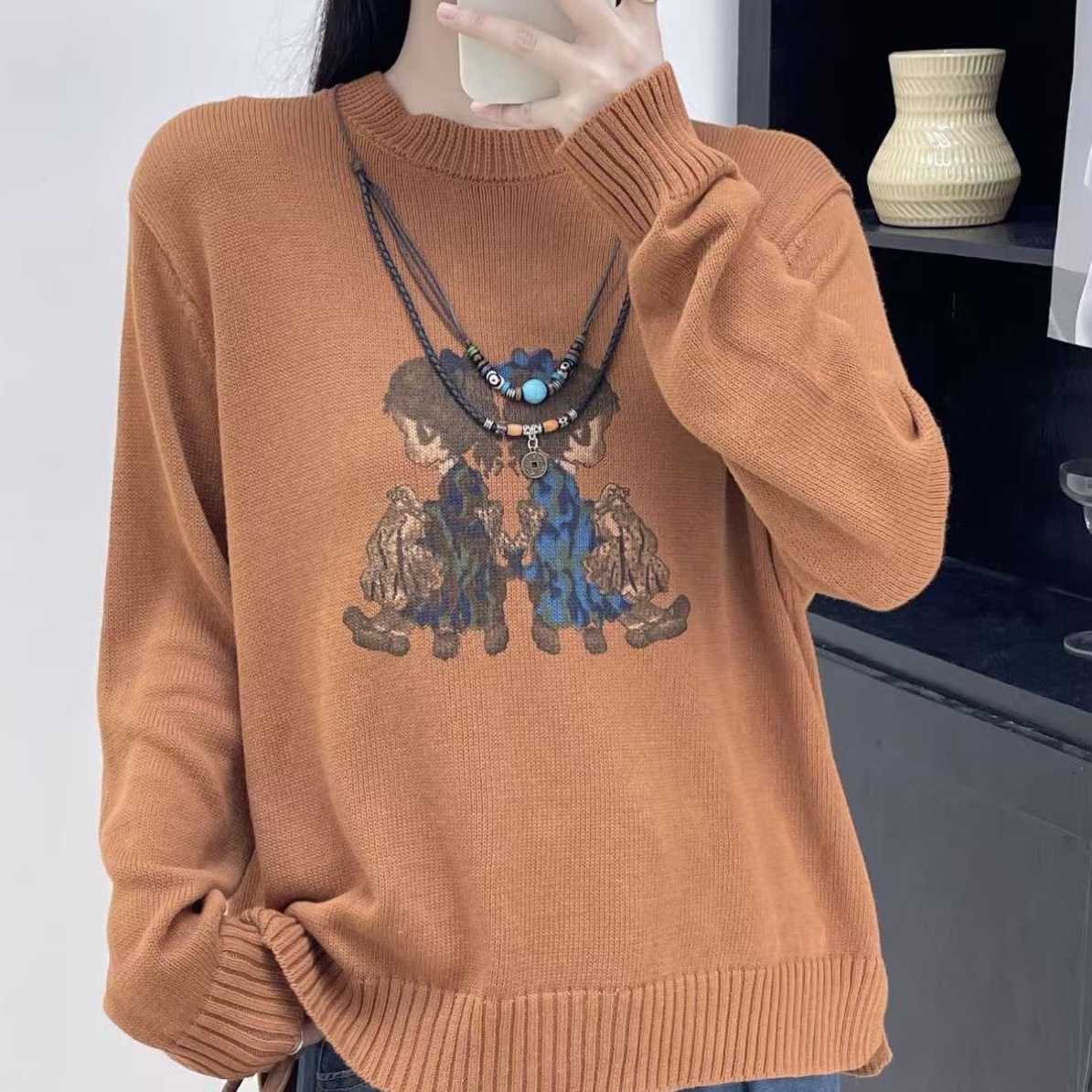 圆领长袖针织熊通勤圆领毛针织衫印花时尚卡通针织衫百搭显瘦宽松