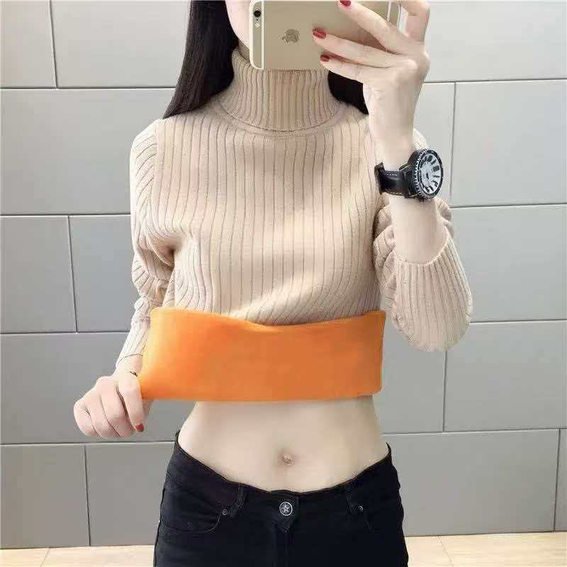 杏色高领黄 金宝宝绒坑条纹针织毛衣