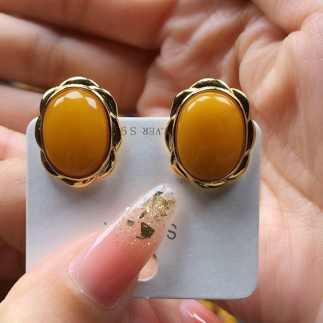 蜜蜡耳饰银S925镶嵌耳钉