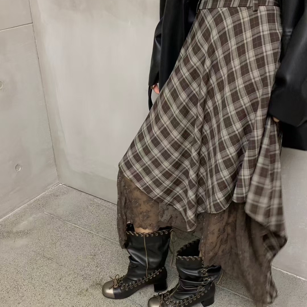 港风复古格子高腰秋季半身裙松紧腰送腰带显瘦休闲