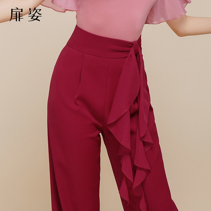 扉姿 摩登舞裤子女薄款舞蹈飘带直筒西裤新款拉丁舞练功长裤F2130