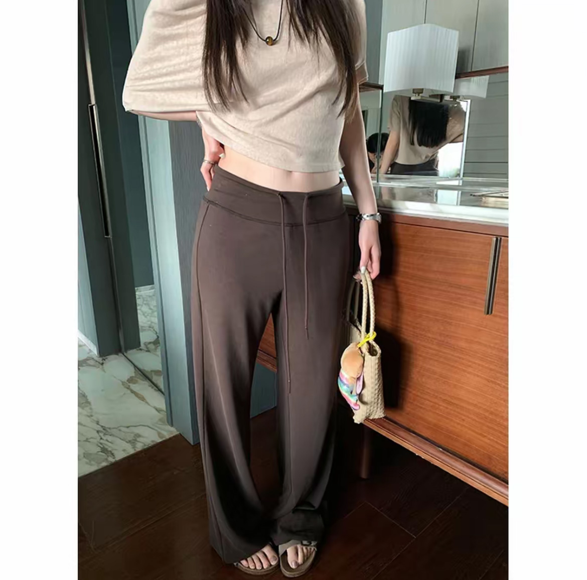 孕妇裤子春秋阔腿裤外穿时尚无托腹高腰抽绳裤休闲裤直筒裤秋冬款