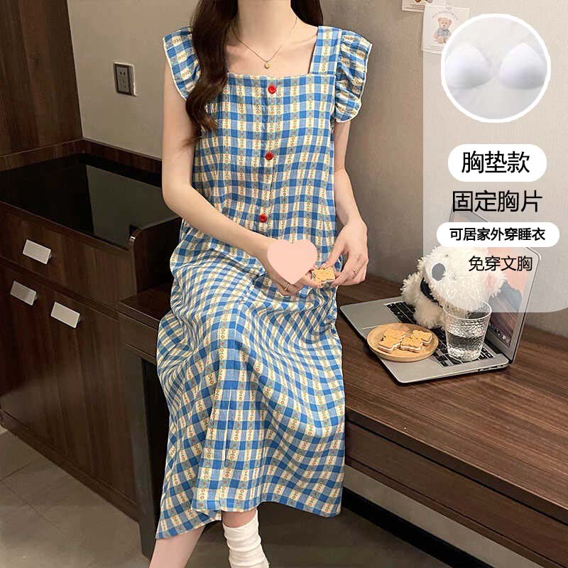 【星】夏季睡裙女带胸垫小飞袖ins蓝格子甜美吊带睡衣家居服3115