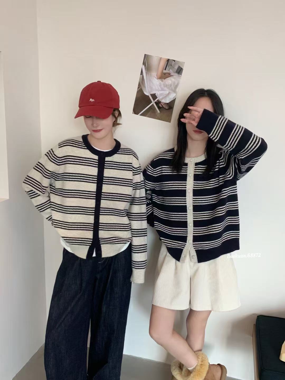 02长袖韩版毛衣毛针织衫女短款圆领网红条纹