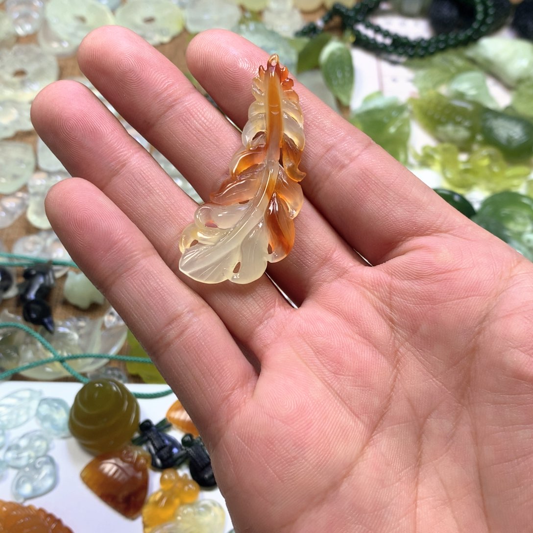 蛇纹石玉戒指银S925镶嵌羽毛