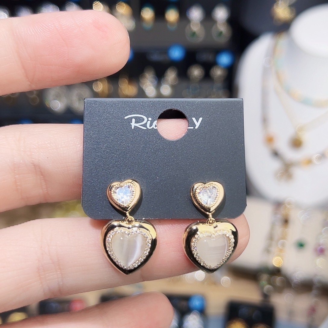 锆石铜合金925银理理金色猫眼爱心耳钉