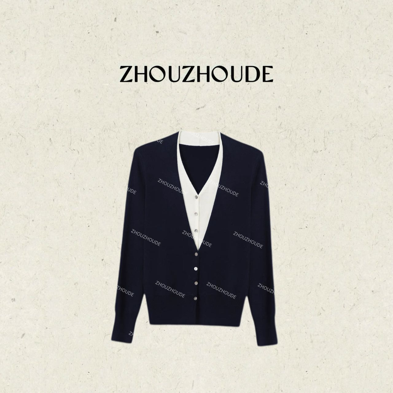 ZHOUZHOUDE【层次美学】Cel*重磅亲肤撞色假两件V领针织毛衣开衫
