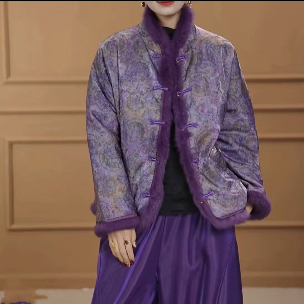 新中式网红时尚复古香云提花拼接真毛［双面穿羊羊棉］棉衣