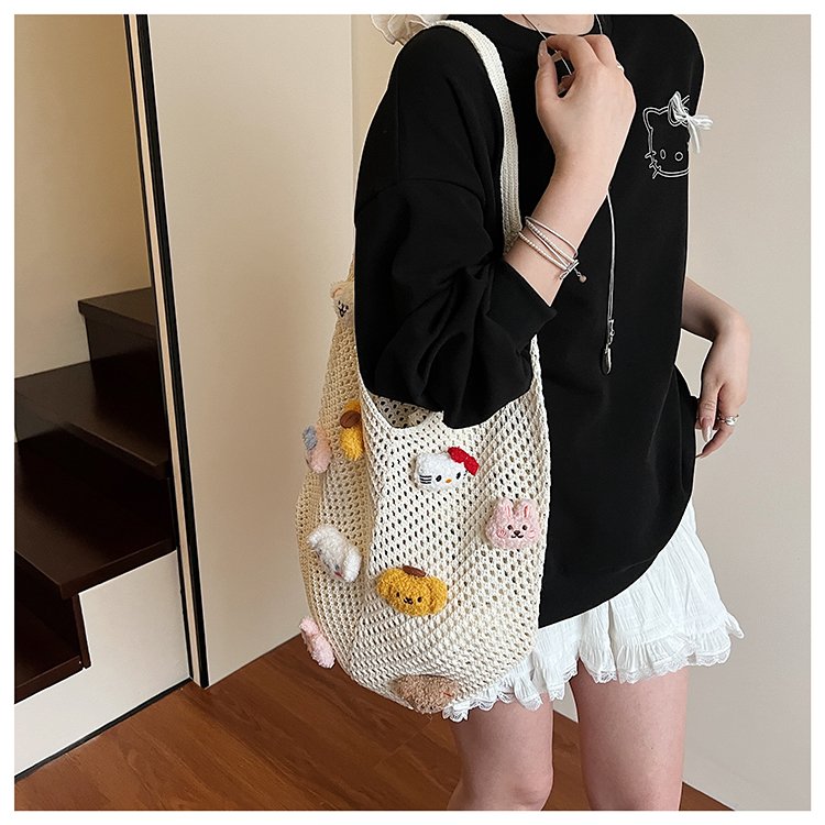 小众百搭网格针织包大容量简约时尚斜跨通勤包上课草编包包女休闲