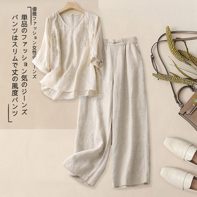 妈妈夏装棉麻套装女士夏季新款苎麻上衣亚麻阔腿裤两套