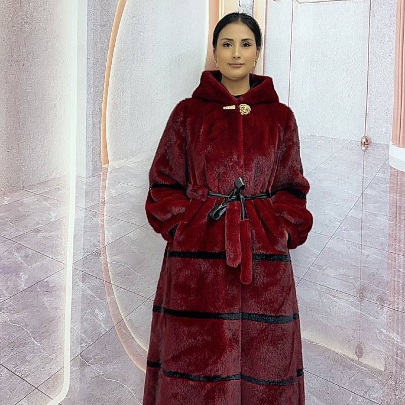 人造皮草 2025年长款豹纹冬季连帽子时尚拼条风衣百搭