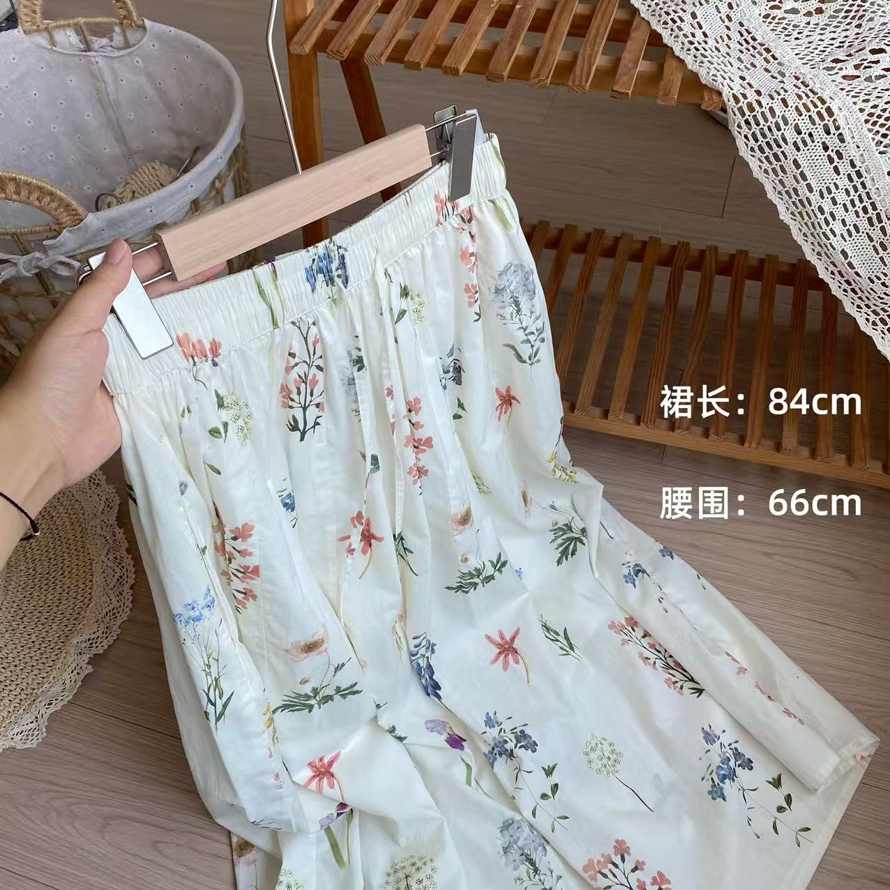 小柒家Y440-长裙不起球高腰碎花半身裙白色小碎花国风