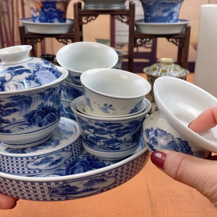 摆件陶青花山水十件套