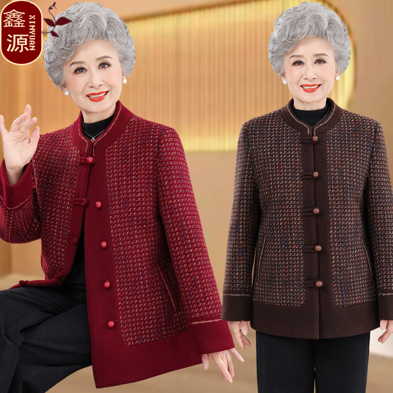 妈妈秋冬加绒外套洋气外套2025新款中老年女冬季时尚高贵毛呢上衣