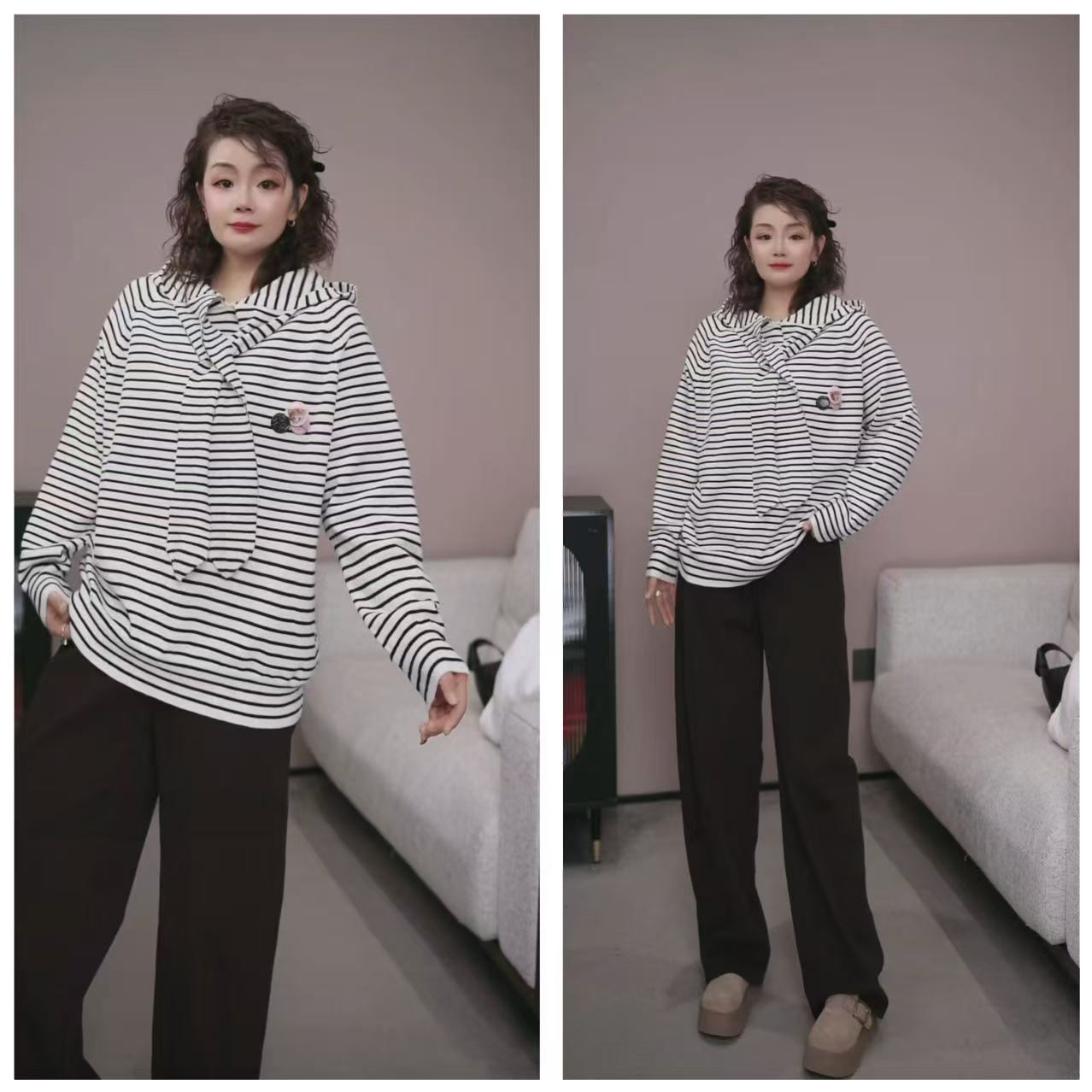 【条纹连帽针织上衣】XP 9927【NO退换】瑕疵品