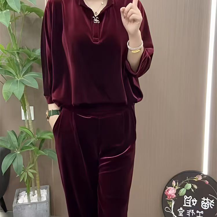 早秋新款金丝绒时尚显瘦阔腿裤套装长袖洋气休闲气质百搭减龄两件