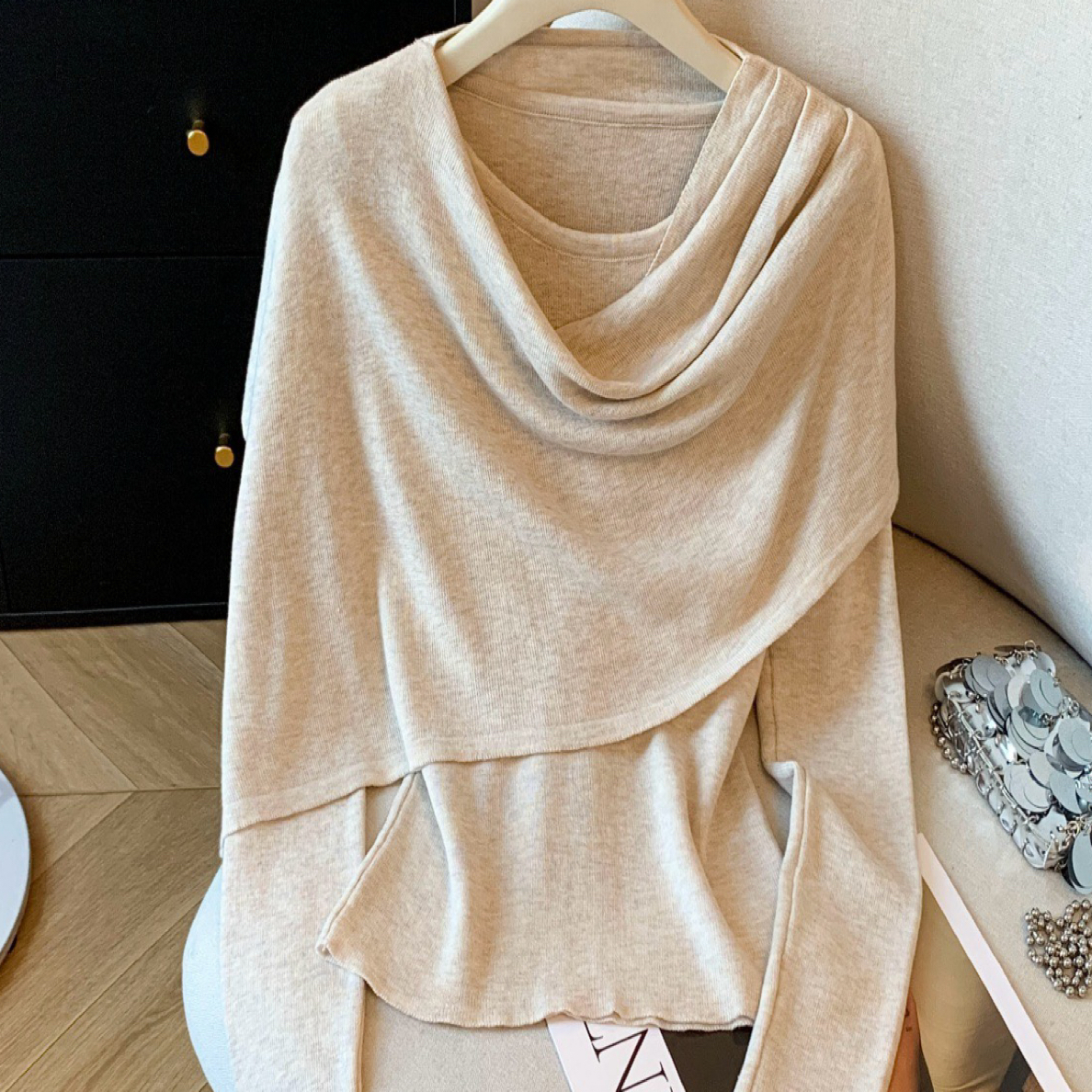 法式温柔风荡领披肩两件套针织衫上衣