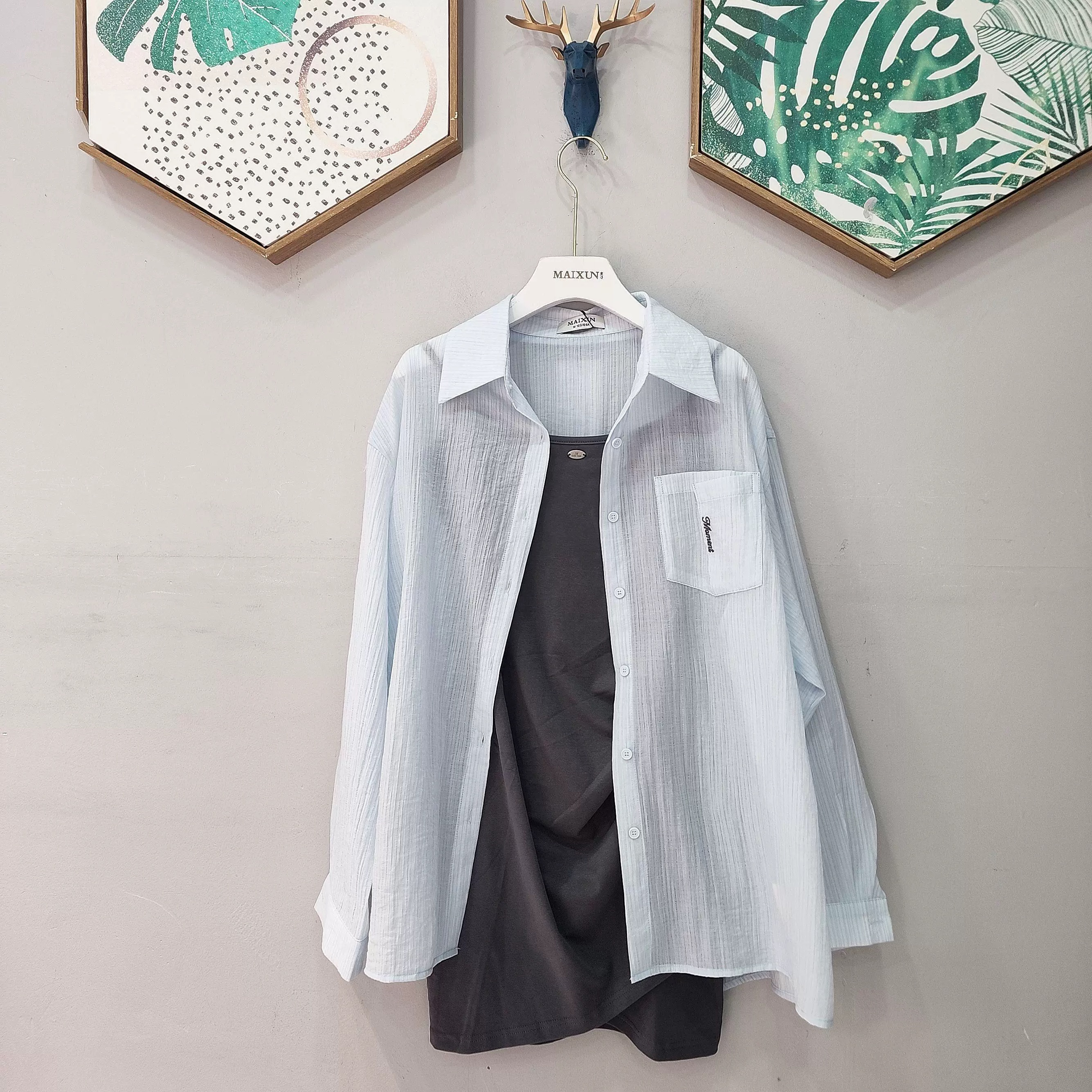 麦寻夏季新款TZQES12B淡蓝色休闲宽松衬衣灰色吊带裙两件套设计款