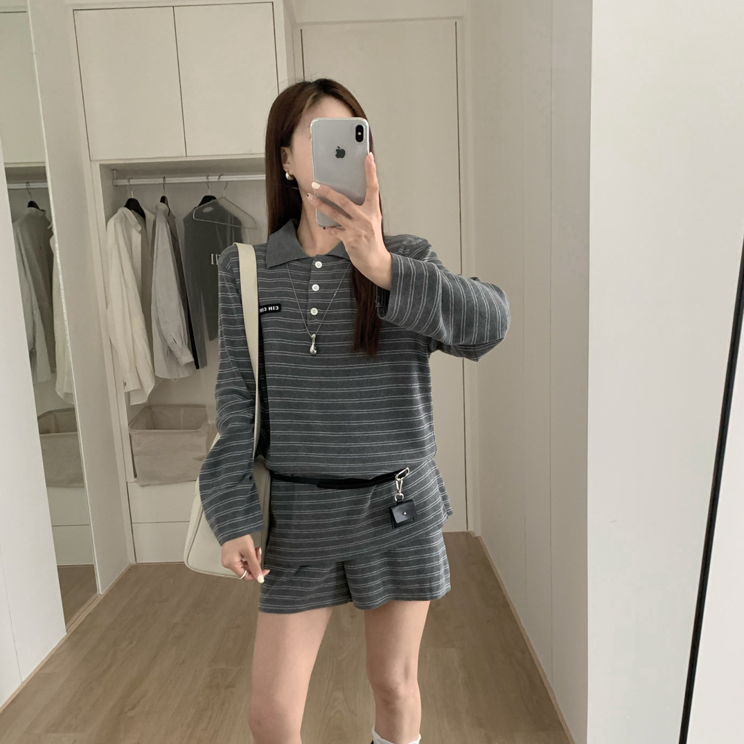 miu系条纹Polo长袖T短裤针织套装