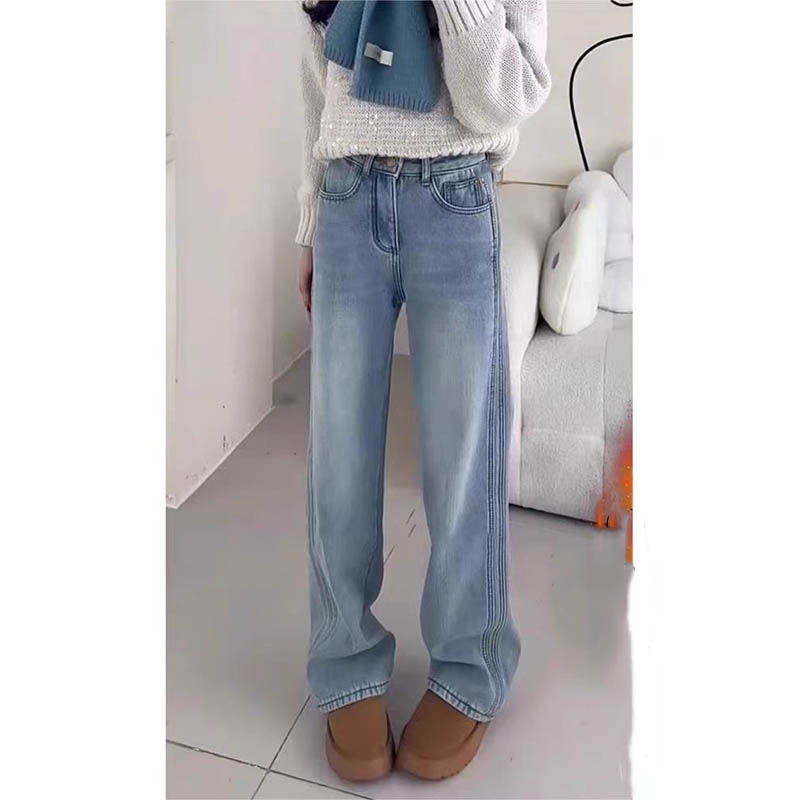 （女装）9610 蓝色高腰显瘦加绒加厚直筒牛仔裤