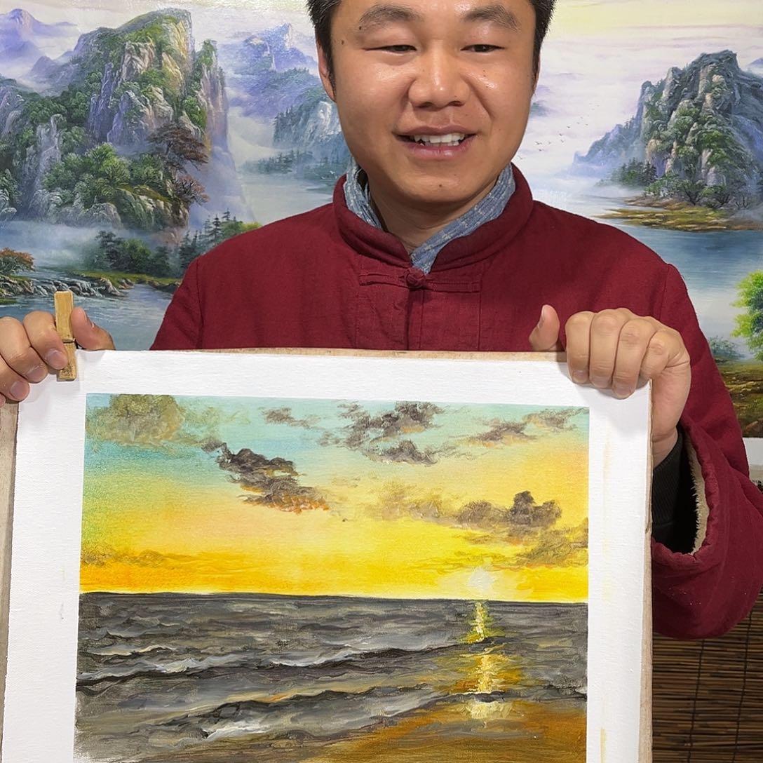 油画道****话行路人小院绘画作品