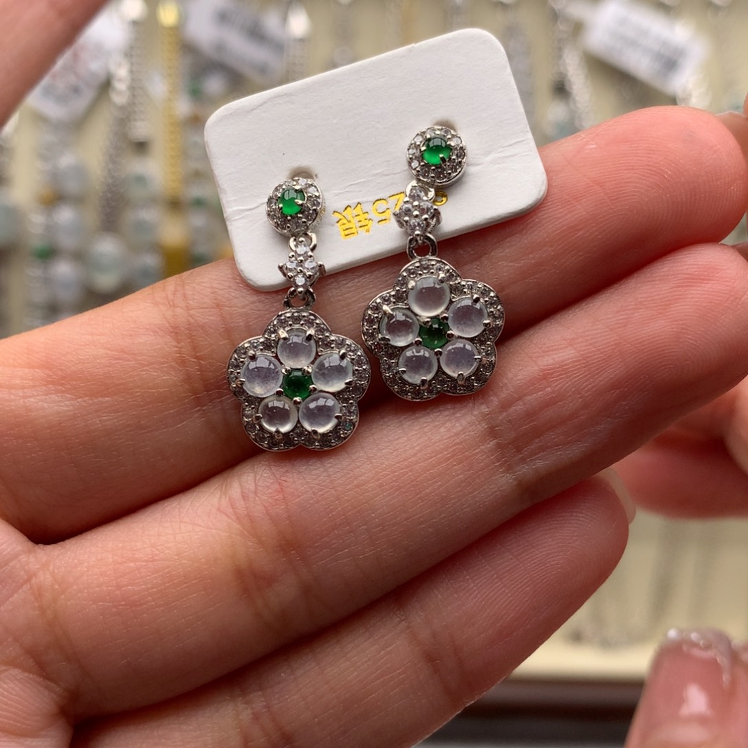 翡翠银S925镶嵌戒指耳钉