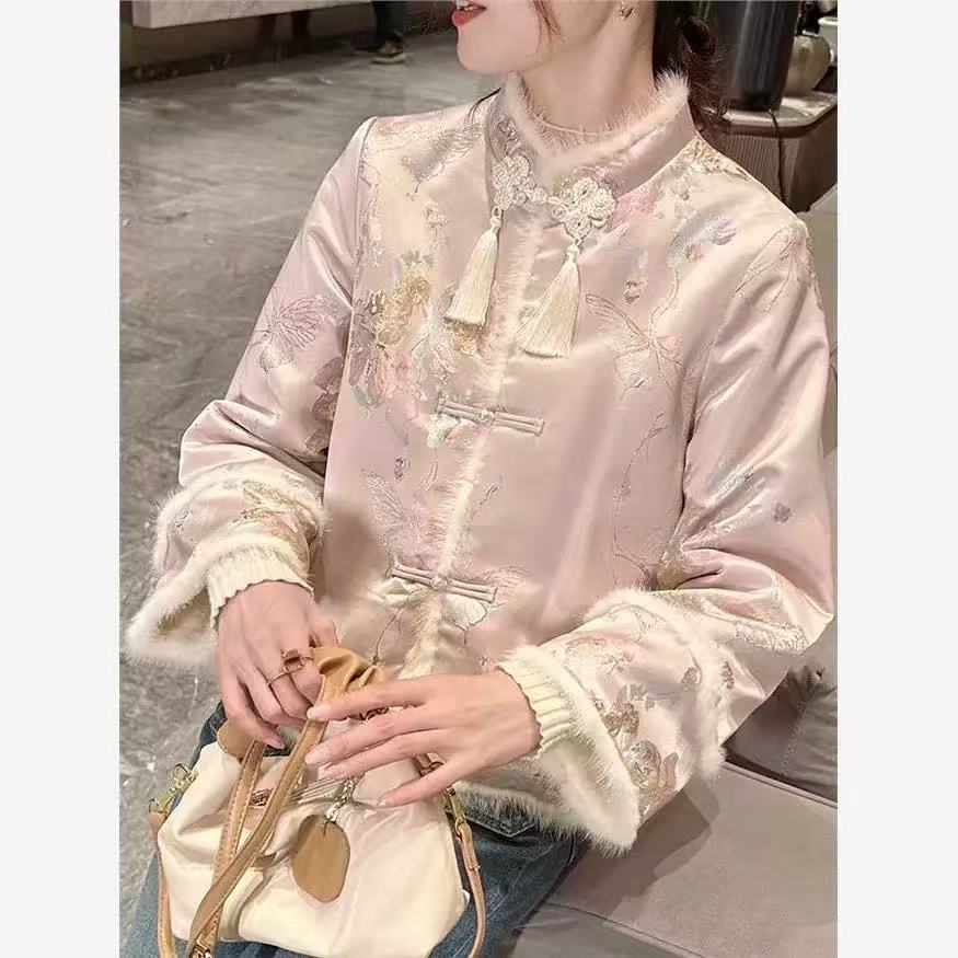 【水晶】新中式冬季加绒时尚提花洋气减龄复古百搭棉服上衣女