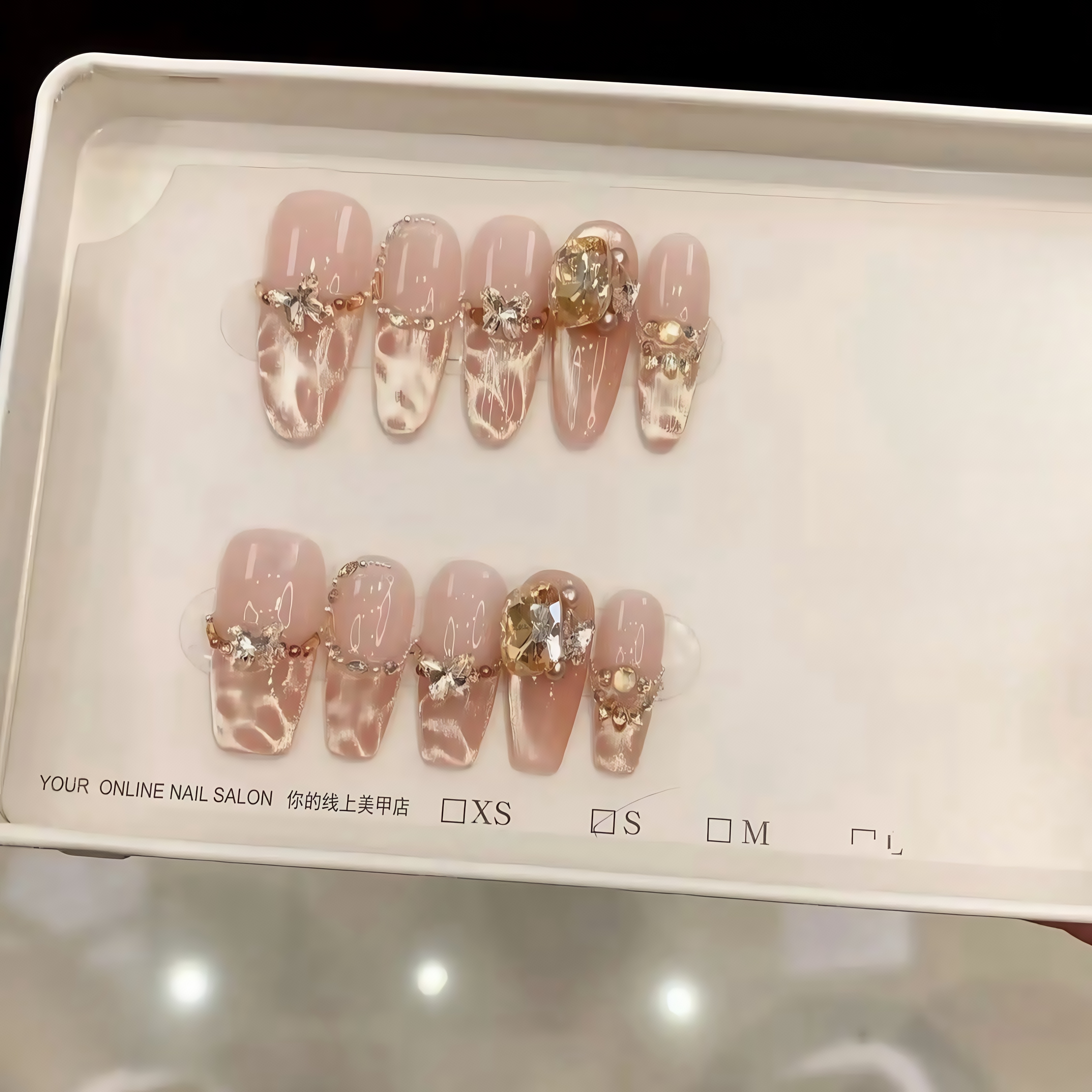 空间法式美甲梯型椭圆满钻爆闪穿戴甲香槟猫眼轻奢高级显白甲片