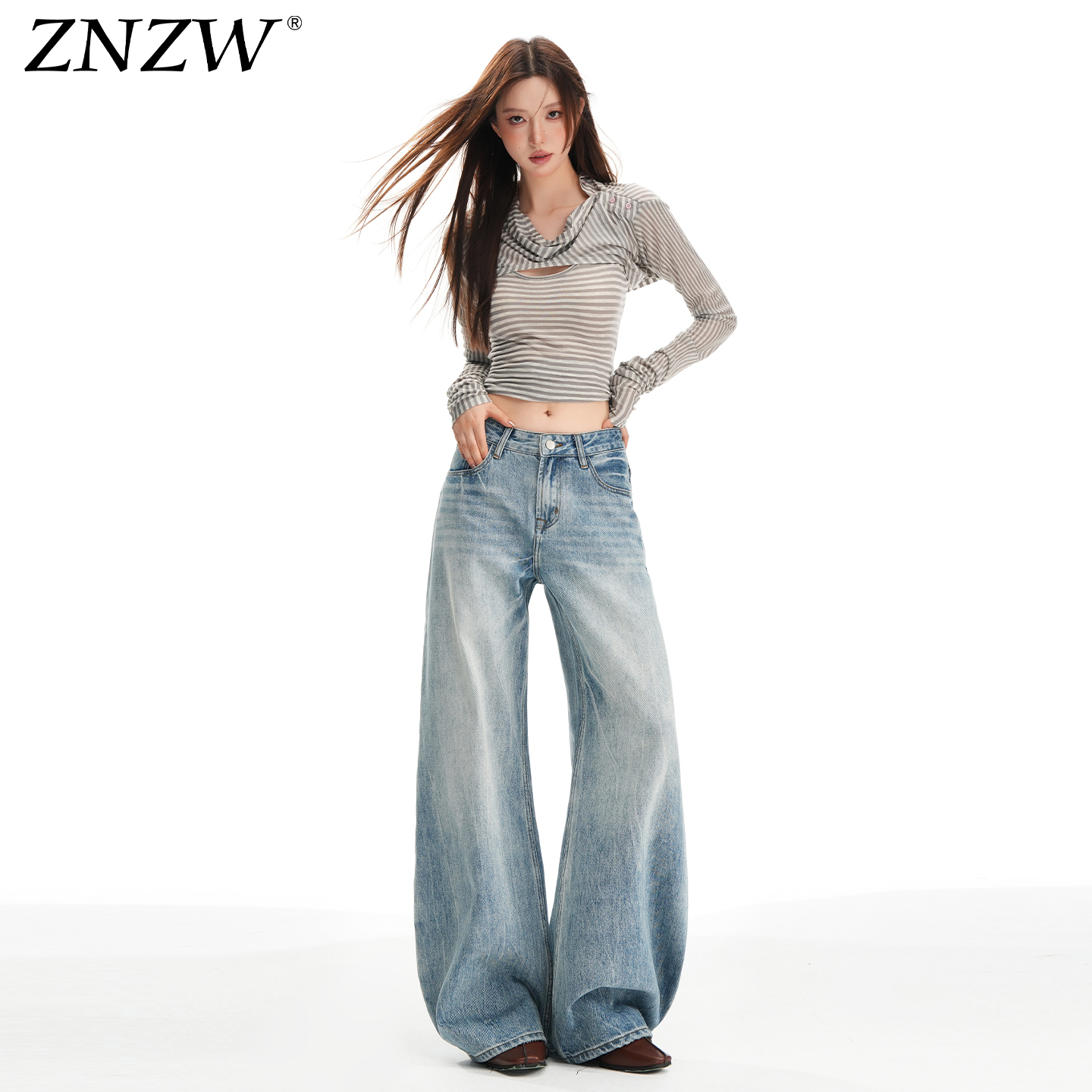 ZNZW浅色阔腿牛仔裤女秋冬加绒水洗高腰宽松不贴腿直筒裤子女
