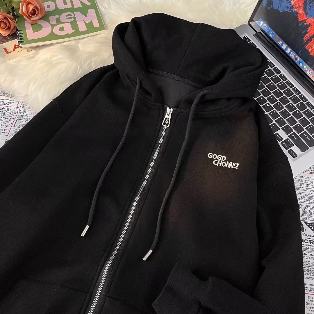 秋季美式废土风情侣夹克宽松慵懒小众复古刺绣卫衣外套男