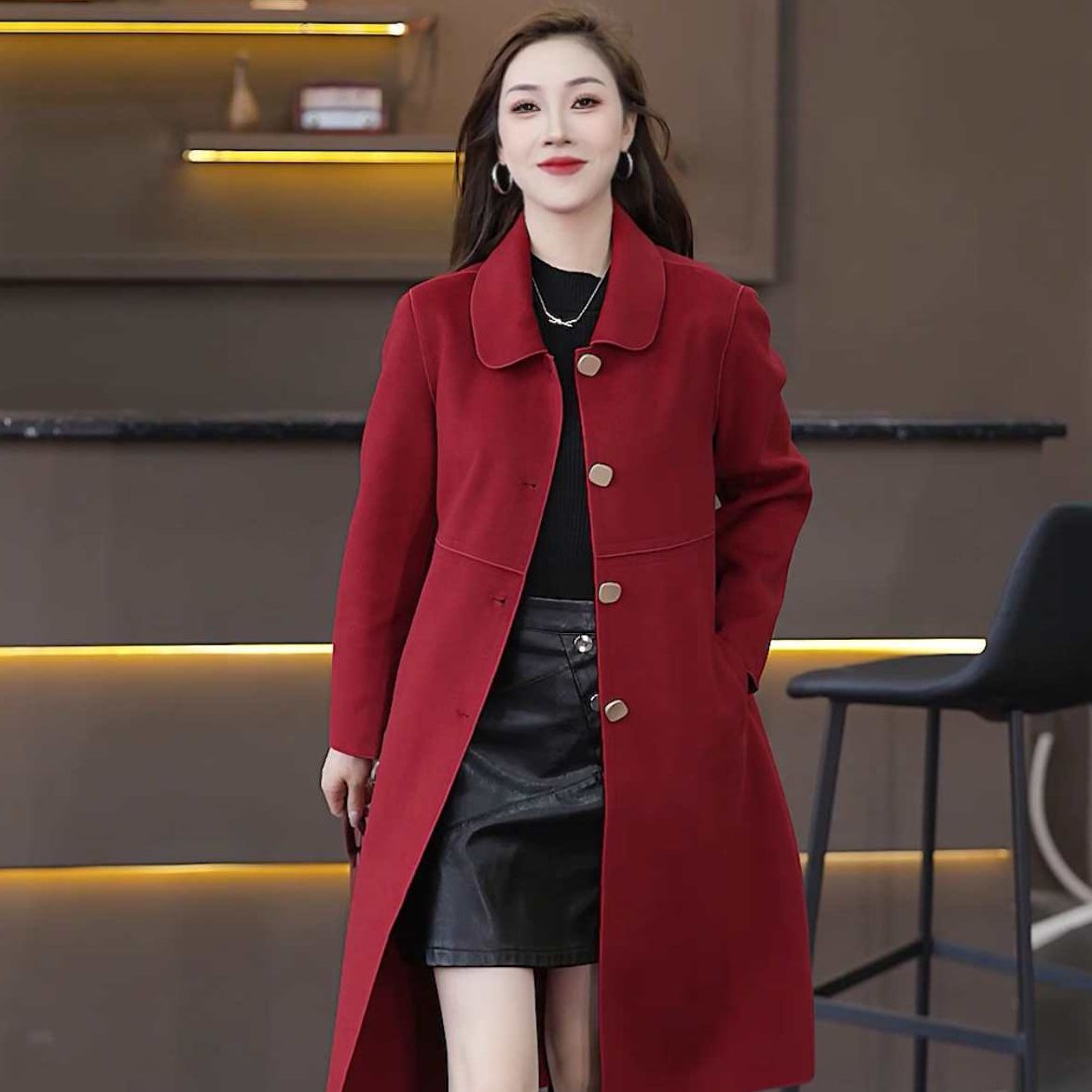 917女士女士冬季中长款四粒扣双面大衣