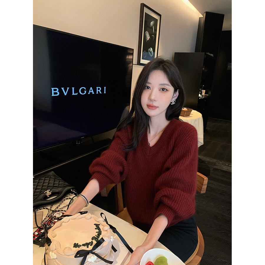 【经典返场】张贝贝羊绒羊毛浣熊绒复古v领毛衣女设计感保暖上衣
