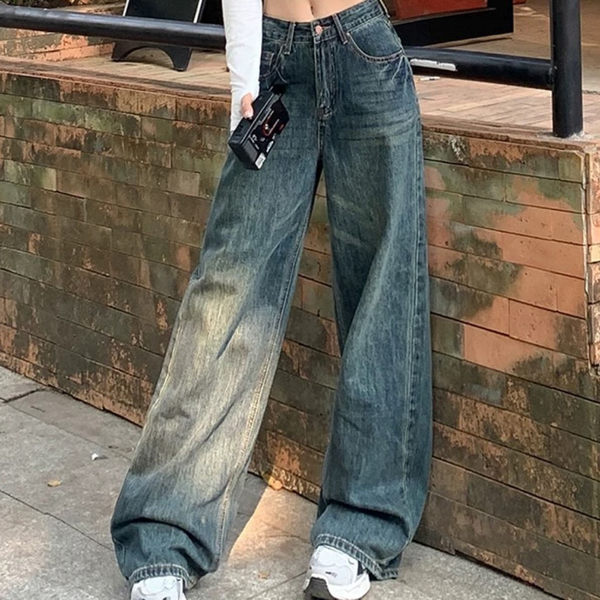 纯欲慵懒风显瘦直筒拖地牛仔裤春秋季美式怀旧复古高腰阔腿裤