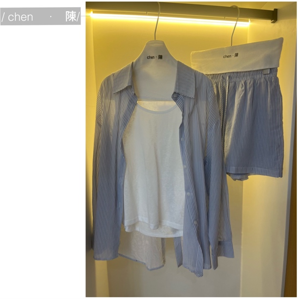 chen·陳休闲 竖条纹衬衫+背心+短裤三件套
