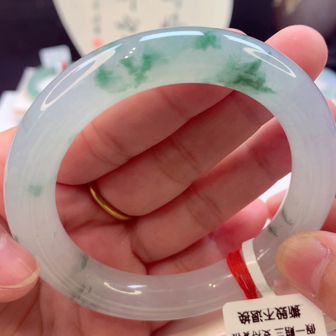 翡翠手镯未镶嵌冰飘绿花圆条37号11