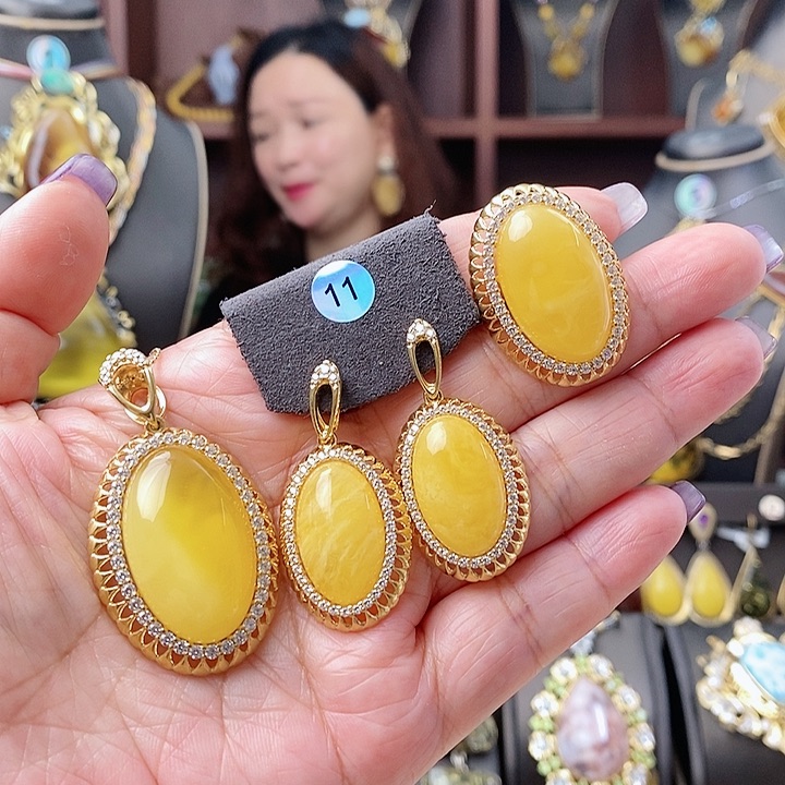 琥珀颈饰银S925镶嵌套装