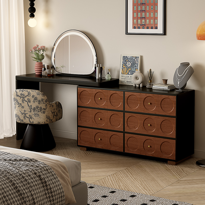 法式中古梳妆台床尾斗柜一体书桌收纳柜实木化妆台卧室转角化妆桌