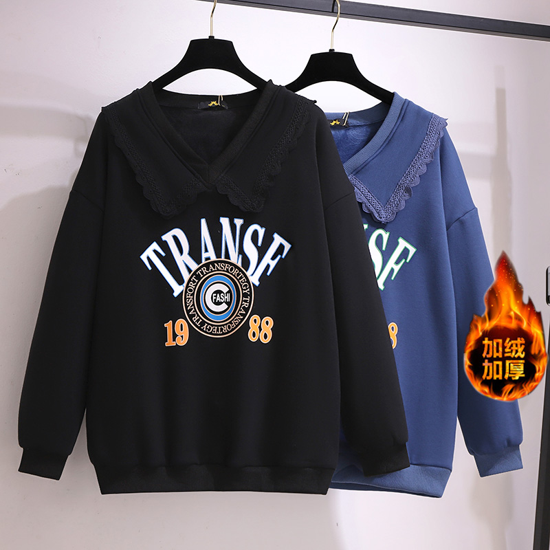 大码女装300斤胖MM韩版时尚宽松慵懒风娃娃领休闲长袖卫衣62690