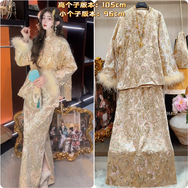 【橘色黄昏】64006重工虞美人花朵新中式加棉国风上衣+裙子两件套