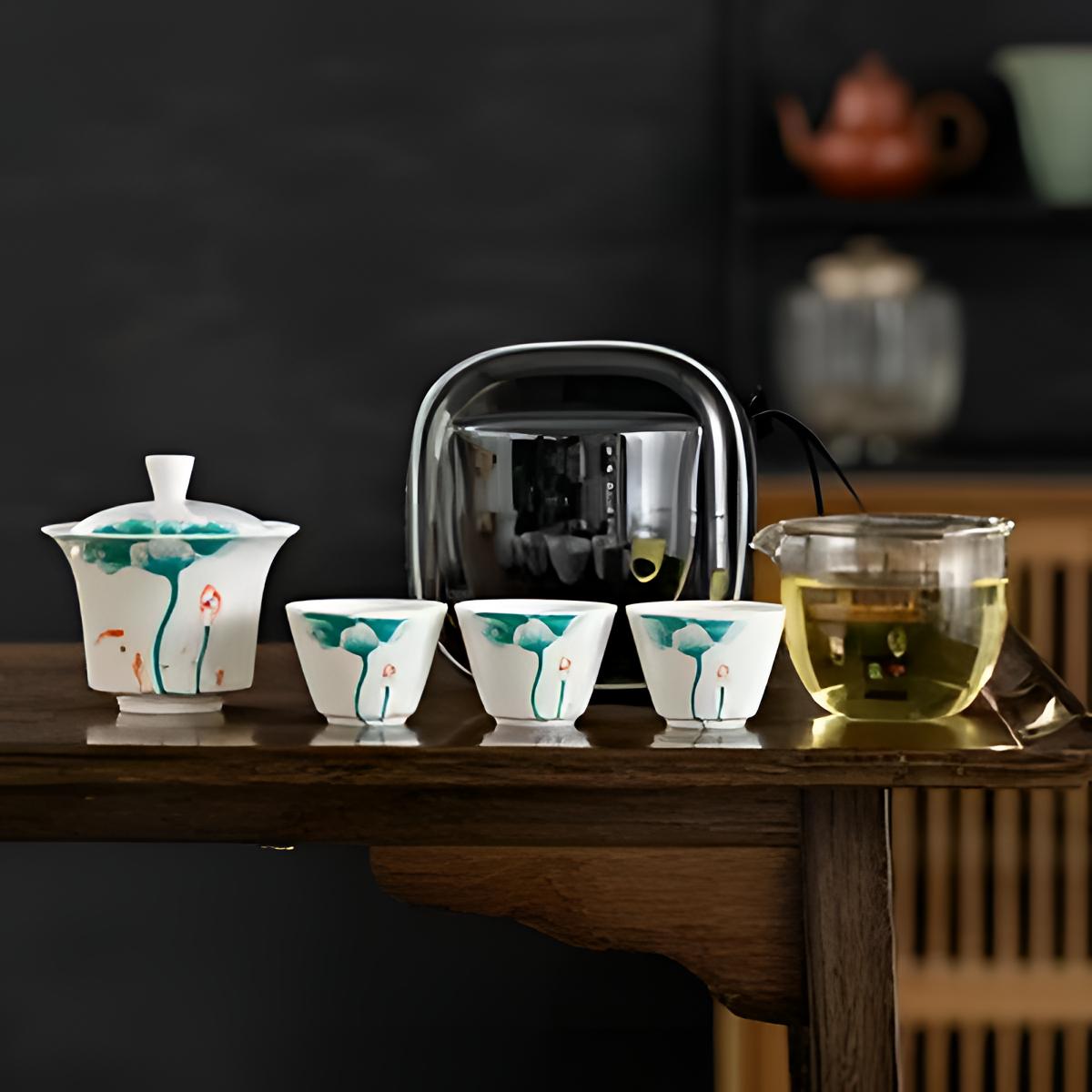 KK0259-鱼戏荷花三杯快客手工家用陶瓷中式手绘茶盖碗白便携