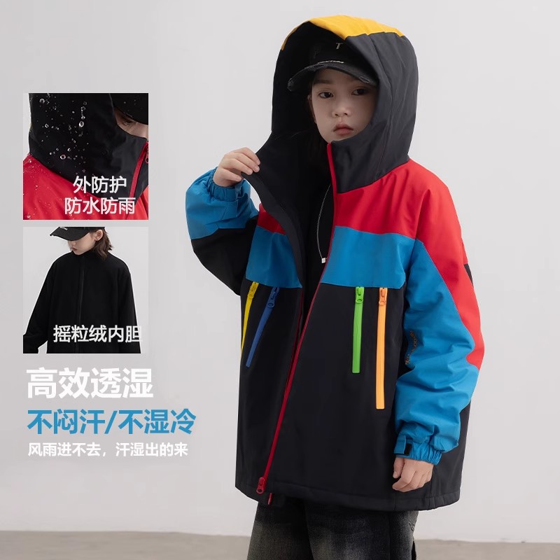 男童冲锋衣加厚加绒2025新款痞帅冬季儿童红色工装外套大童冬装