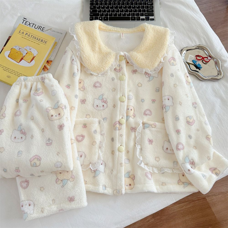 法兰绒睡衣奶呼呼ins轻松熊女秋冬季娃娃领加绒加厚家居服两件套