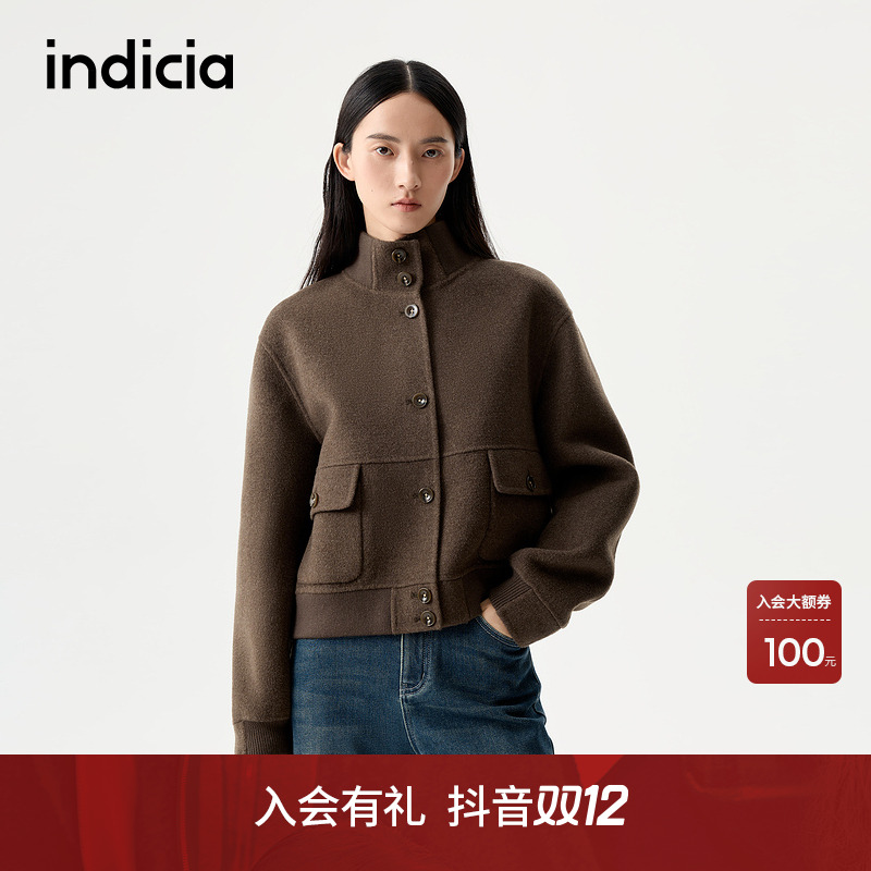 indicia标记25冬新款美式复古气质工装外套高领短款大衣L2D5DY227