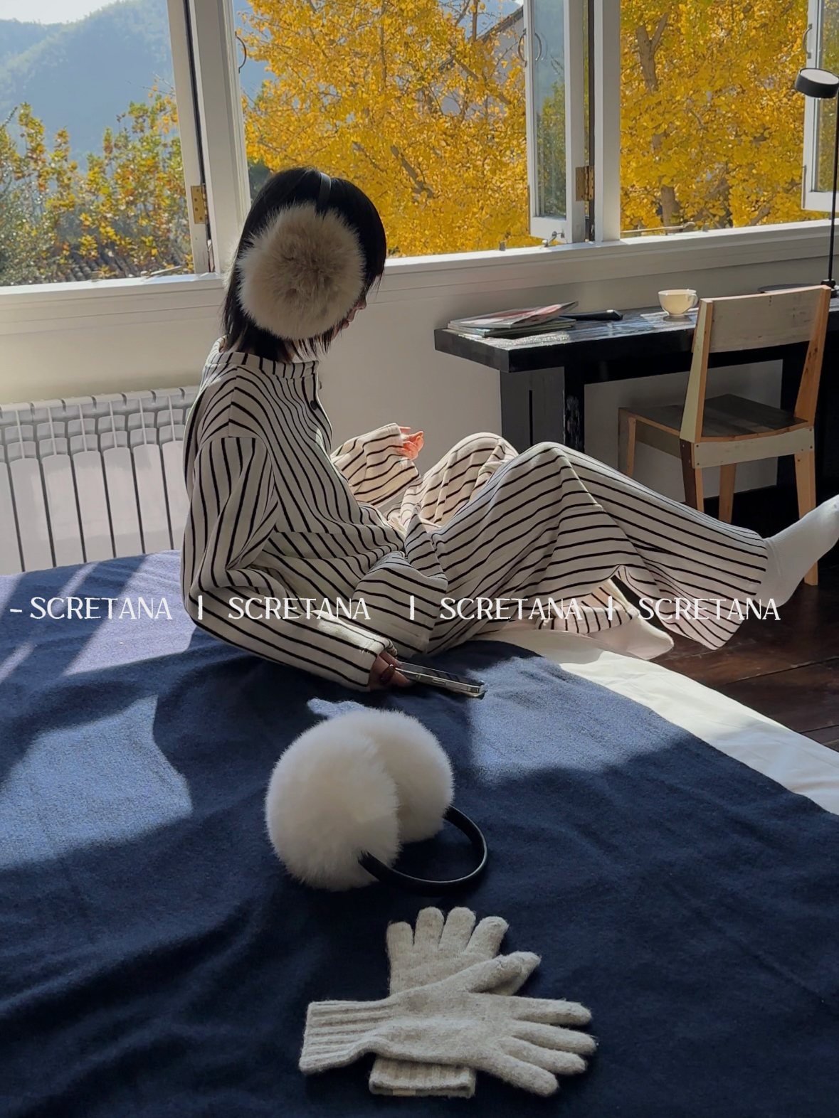 SCRETANA/安娜的秘密黑白空吉条纹秋冬极简风睡衣家居服套装