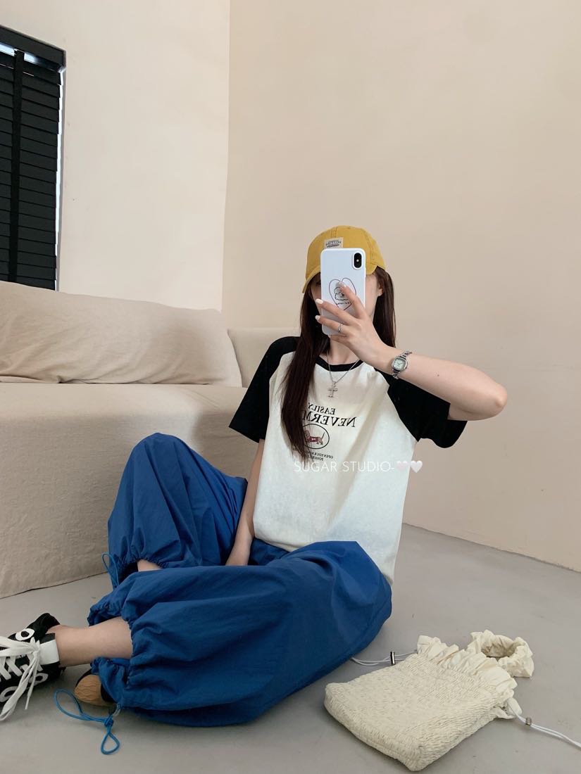 2142 雪花棉拼接袖 字母狗狗短袖T