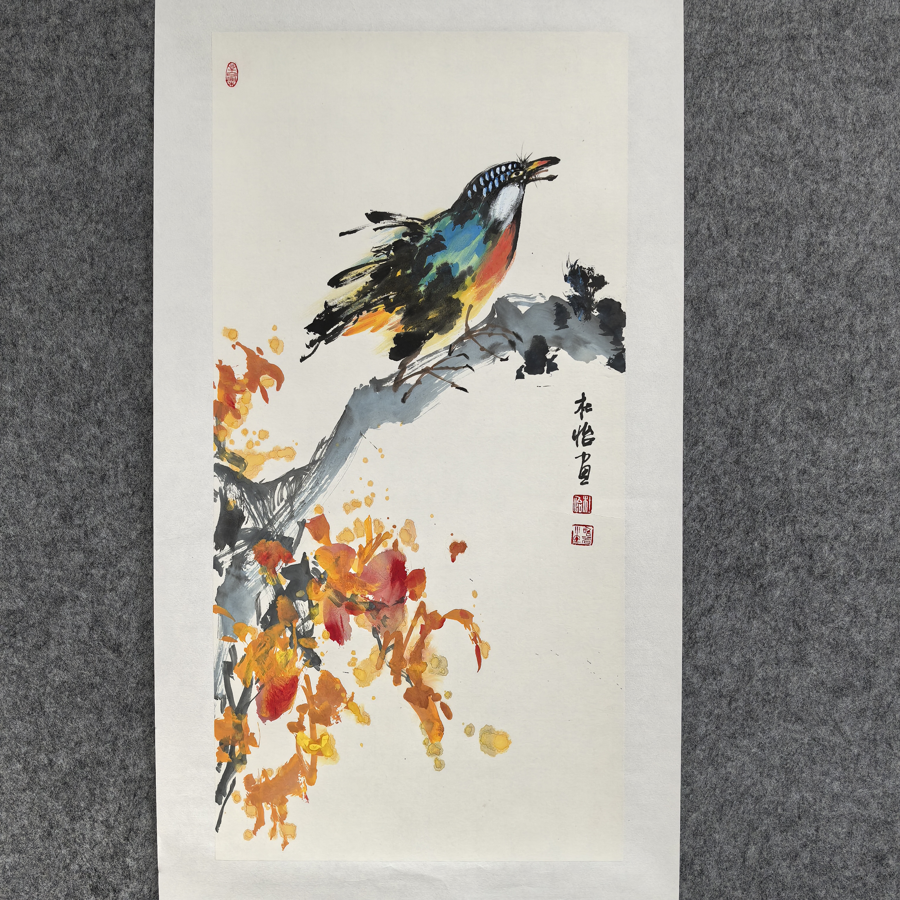 国画四尺四开精品蓝鸟秋色68×34㎝