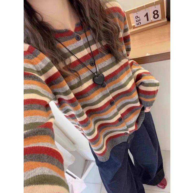 【彩虹】早秋新品长袖韩版条纹春秋开衫百搭彩虹开衫女2000