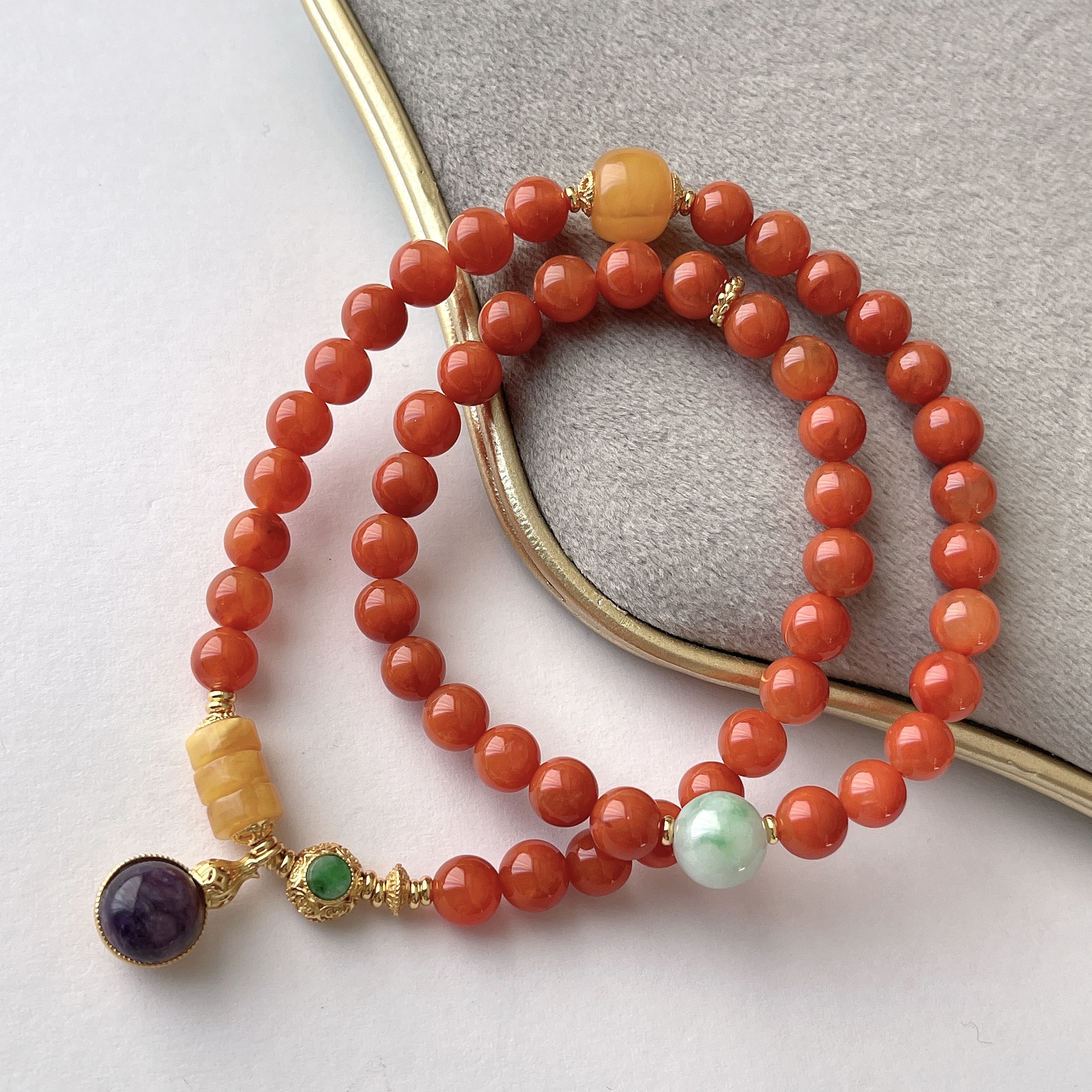 晶雁6-7mm天然南红双圈手链简约时尚精美红色百搭气质女士轻奢