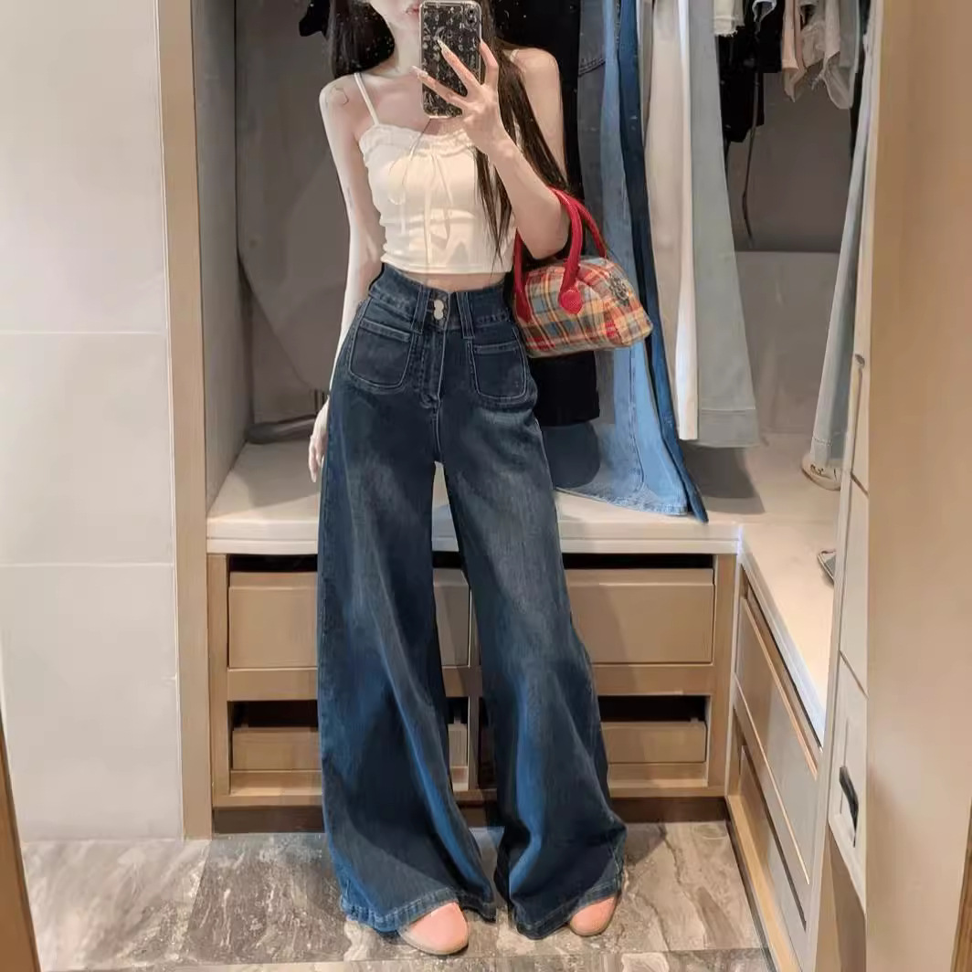 高腰双纽扣宽松显瘦百搭阔腿裤女2025早春新款设计感微喇叭牛仔裤